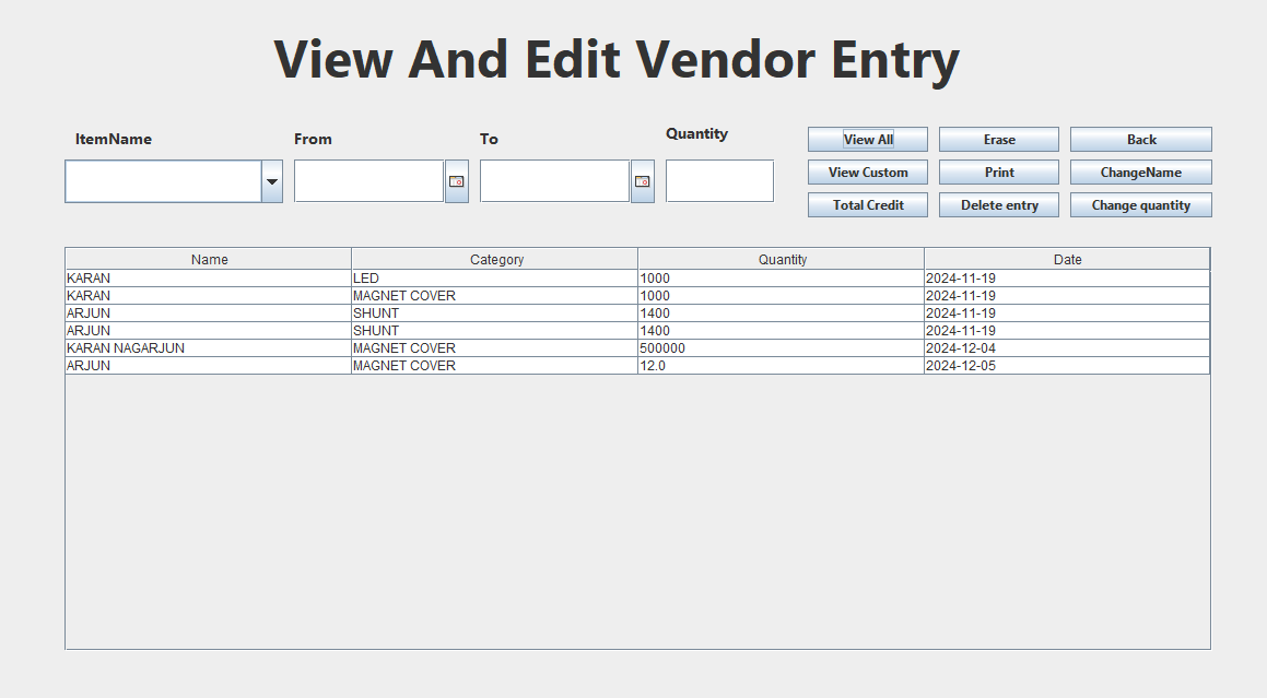 Vendor Editing Interface